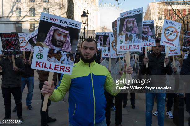 Anti-war campaigners gather at Whitehall outside Downing Street to demand a cancellation of the Saudi Crown Prince Mohammad bin Salman's visit to...