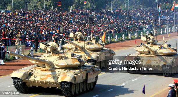 Indian T-90 army tanks pass through the Rajpath during the full dress rehearsal for the Republic Day Parade-2008, in New Delhi.