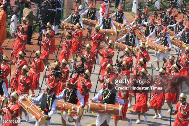 School children perform at the Rajpath during the full dress rehearsal for the Republic Day Parade-2008, in New Delhi.