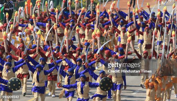 School children perform at the Rajpath during the full dress rehearsal for the Republic Day Parade-2008, in New Delhi.