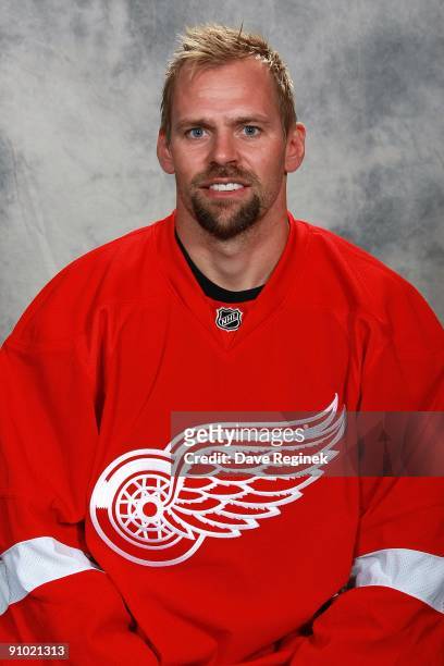 Tomas Holmstrom of the Detroit Red Wings poses for his official headshot for the 2009-2010 NHL season on September 12, 2009 at Centre Ice Arena in...