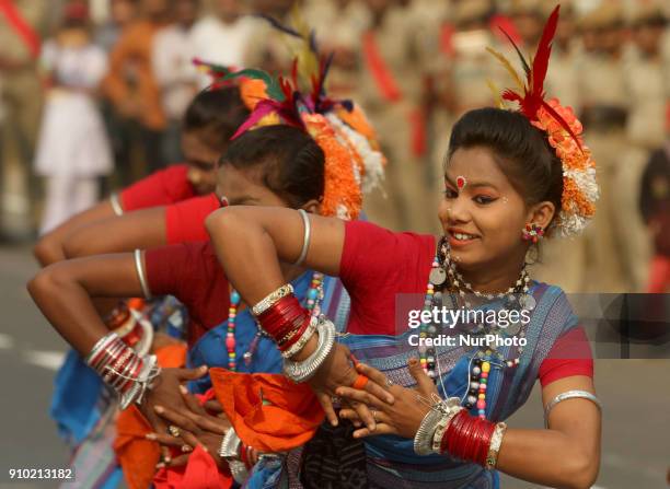 Cultural troop practicing Odisha's traditional tribal culture dances and ancient warrior dances in the full dress or final rehearsal on the eve of...