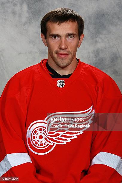 Pavel Datsyuk of the Detroit Red Wings poses for his official headshot for the 2009-2010 NHL season on September 12, 2009 at Centre Ice Arena in...