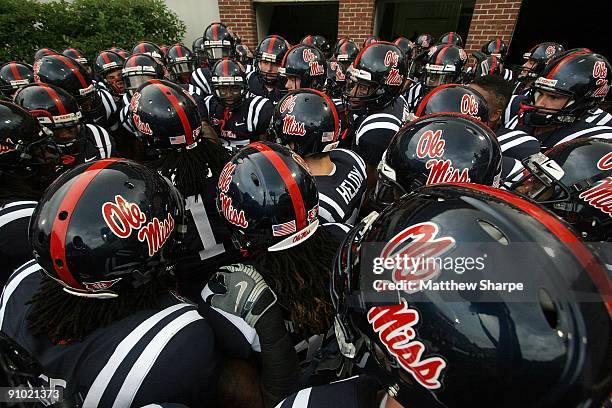 The Ole Miss Rebels prepare to enter the field prior to a game against the Southeast Louisiana Lions at Vaught-Hemingway Stadium on September 19,...