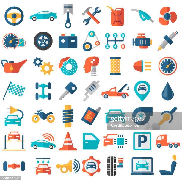 stockillustraties, clipart, cartoons en iconen met auto garage serviceonderdelen vervoer geïsoleerde icons - egale kleur - flat tyre