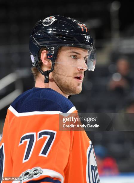 Oscar Klefbom of the Edmonton Oilers skates during the game against the Arizona Coyotes on November 28, 2017 at Rogers Place in Edmonton, Alberta,...