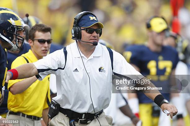 Head coach Rich Rodriguez of the Michigan Wolverines looks on during the game against the Western Michigan Broncos on September 5, 2009 at Michigan...