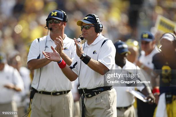 Head coach Rich Rodriguez of the Michigan Wolverines looks on during the game against the Western Michigan Broncos on September 5, 2009 at Michigan...