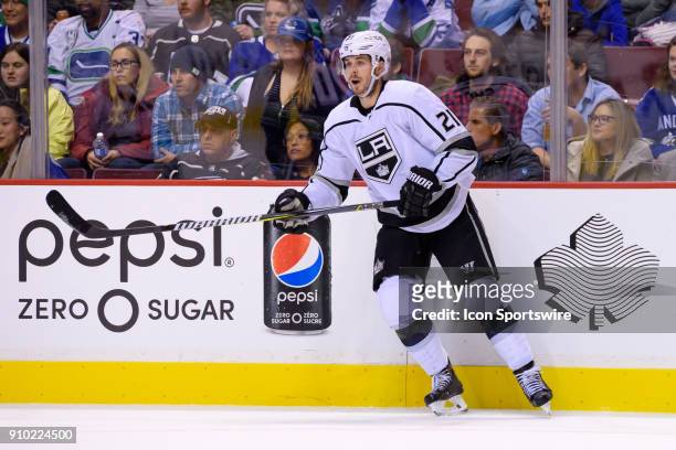 Los Angeles Kings Center Nick Shore skates up ice during their NHL game against the Vancouver Canucks at Rogers Arena on January 23, 2018 in...
