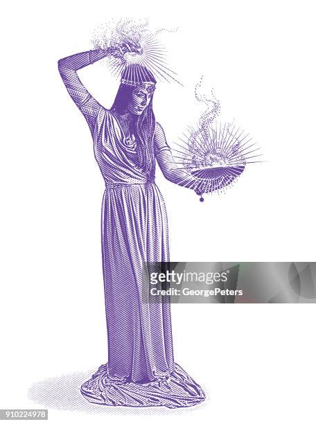 ultra violet gravur eines schönen weiblichen assistenten casting zaubers - wicca stock-grafiken, -clipart, -cartoons und -symbole