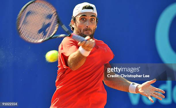 Santiago Ventura of Spain in action against Igor Andreev of Russia during Round One of the BCR Open Romania at the BNR Arena on September 22, 2009 in...
