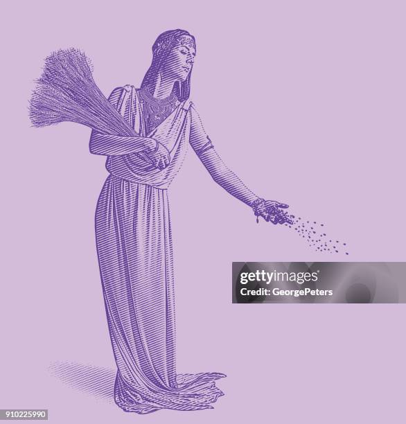 ultra violet engraving of demeter, goddess of the harvest and fertility, sowing seeds. - mythological character stock illustrations