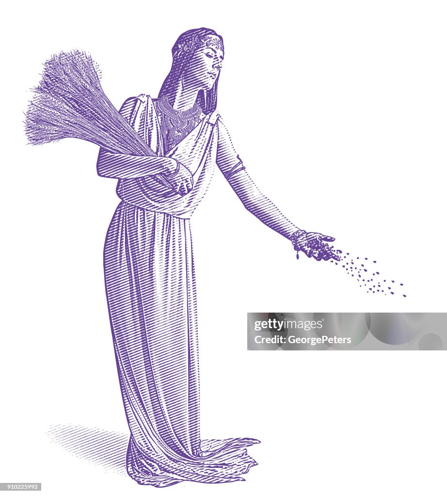 Ultra Violet engraving of Demeter, goddess of the harvest and fertility, sowing seeds.