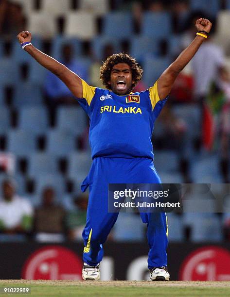 Lasith Malinga of Sri Lanka celebrates the dismissal of A B De Villiers of South Africa during The ICC Champions Trophy Group B match between South...
