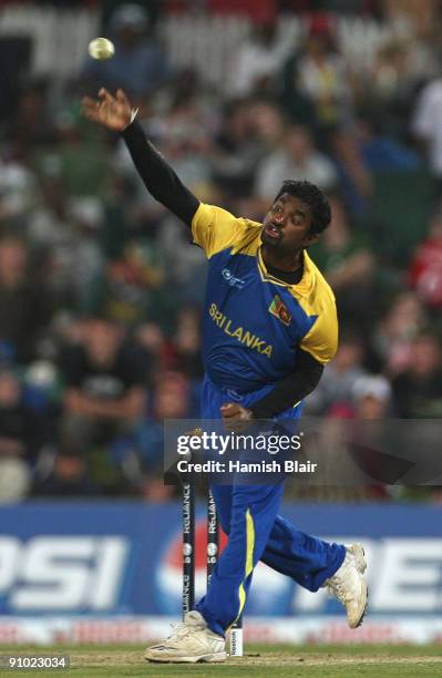 Muttiah Muralitharan of Sri Lanka in action during the ICC Champions Trophy Group B match between South Africa and Sri Lanka played at Super Sport...