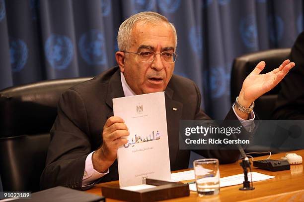 Prime Minister of Palestinian Authority Salam Fayyad briefs the press on the work of the Ad Hoc Liaison Committee at United Nations headquarters on...