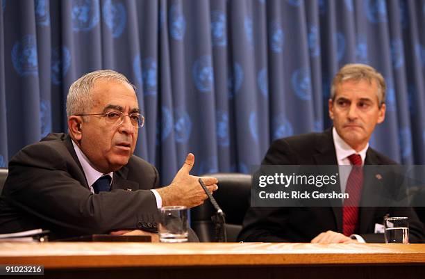 Prime Minister of Palestinian Authority Salam Fayyad and Minister of Foreign Affairs of Norway Jonas Gahr Stoere brief the press on the work of the...