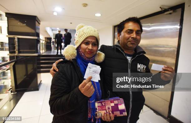 People coming out of the cinema hall after watching Padmaavat at Centre stage mall, on January 25, 2018 in Noida, India. According to the film's...