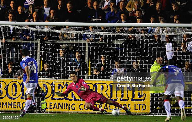 Carlisle full back Ian Harte scores from the penalty spot past Portsmouth keeper Asmir Begovic during the Carling Cup 3rd round game between Carlisle...