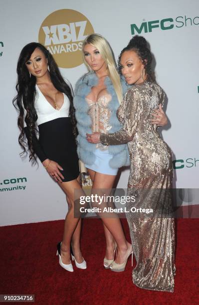 Venus lUx, Aubrey Kate and Mia Isabella arrive for the 2018 XBIZ Awards held at J.W. Marriot at L.A. Live on January 18, 2018 in Los Angeles,...