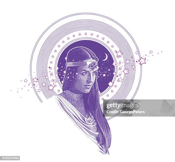 ilustrações, clipart, desenhos animados e ícones de ultra vector violet gravura da deusa nativa americana emoldurado com estrelas, espaço e lua - violet