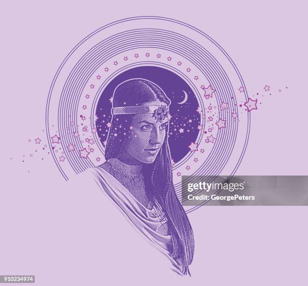 ilustraciones, imágenes clip art, dibujos animados e iconos de stock de vector de grabado violeta ultra de diosa indígena enmarcado con estrellas, el espacio y la luna - goddess