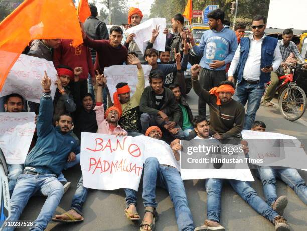 Youth demonstrated and blocked roads against film Padmavaat on January 25, 2018 in Patna, India. Rajput groups hold a demonstration in many cities....