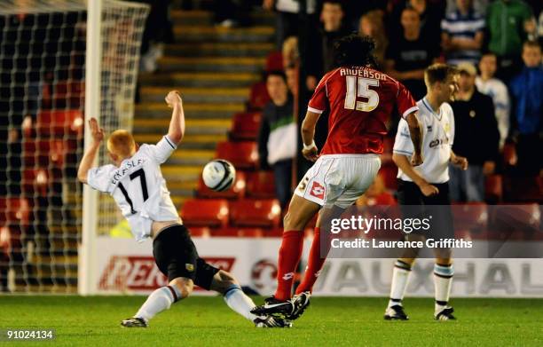 Anderson De Silva of Barnsley scores the second goal during the Carling Cup Third Round game between Barnsley and Burnley at Oakwell on September 22,...