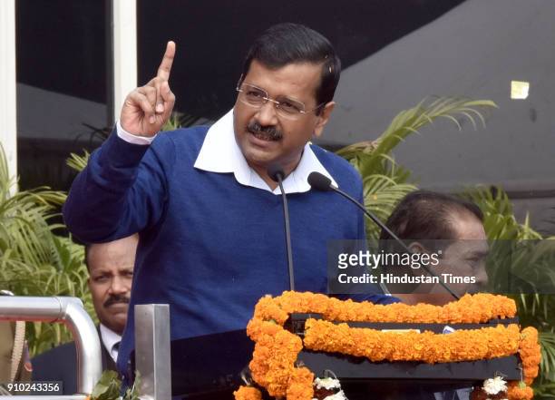 Delhi Chief Minister Arvind Kejriwal speaks during the state level Republic Day 2018 celebration at Chhatrasal Stadium on January 25, 2018 in New...