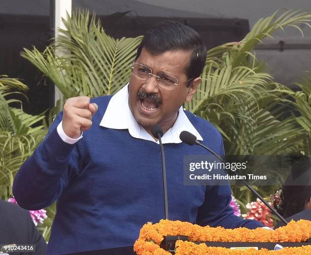 Delhi Chief Minister Arvind Kejriwal speaks during the state level Republic Day 2018 celebration at Chhatrasal Stadium on January 25, 2018 in New...