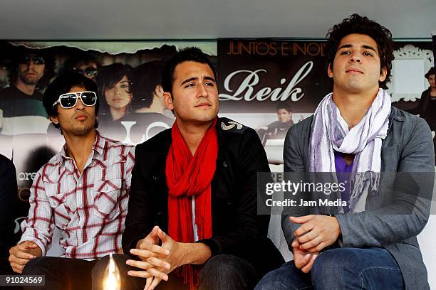 Members of the Mexican music group 'Reik' pose for a photo during a press conference for the announcement of their tour 'Juntos e Inolvidable' among...