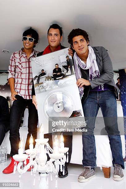 Members of the Mexican music group 'Reik' pose for a photo during a press conference for the announcement of their tour 'Juntos e Inolvidable' among...