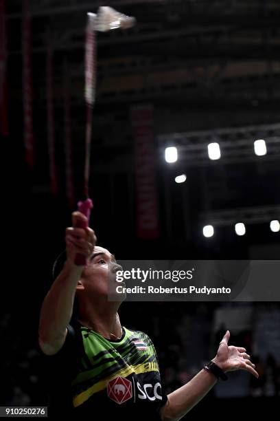 Kantaphon Wangcharoen of Thailand competes against Anthony Sinisuka Ginting of Indonesia during the Men's Singles Round 16 match of the Daihatsu...