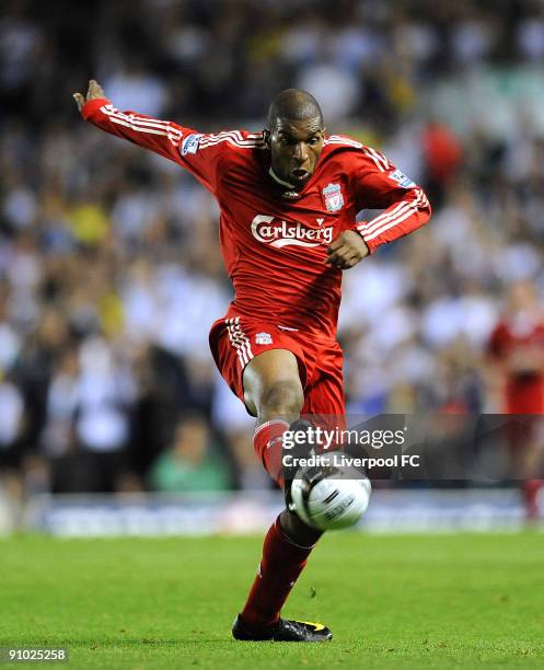 Ryan Babel of Liverpool in action during the Carling Cup 3rd Round match between Leeds United and Liverpool at Elland Road on September 22, 2009 in...