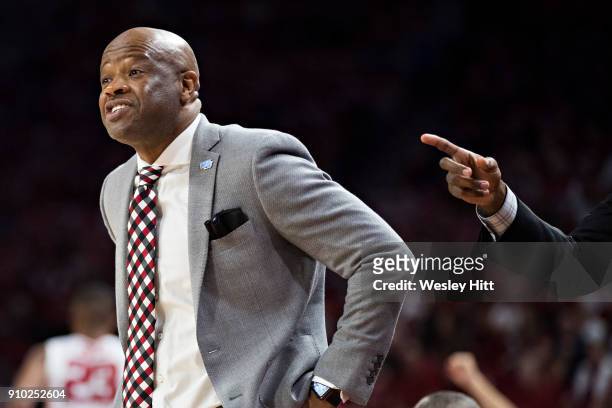Head Coach Mike Anderson of the Arkansas Razorbacks yells to his players during a game against the Mississippi Rebels at Bud Walton Arena on January...