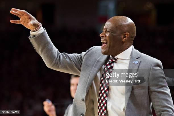 Head Coach Mike Anderson of the Arkansas Razorbacks yells to his players during a game against the Mississippi Rebels at Bud Walton Arena on January...