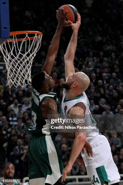 Antanas Kavaliauskas, #44 of Zalgiris Kaunas competes with Athanasios Antetokounmpo, #43 of Panathinaikos Superfoods Athens during the 2017/2018...