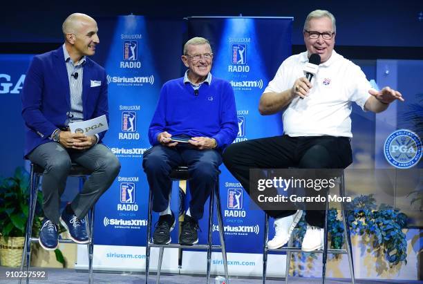 Pete Bevacqua, Lou Holtz and Ron Jaworski on the SiriusXM Town Hall at the PGA Merchandise Show on January 25, 2018 in Orlando, Florida.