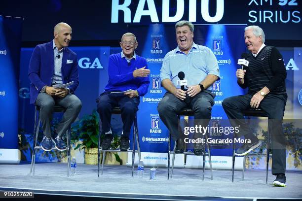 Of America CEO Pete Bevacqua, Lou Holtz, Hal Sutton and Dave Stockton on the SiriusXM Town Hall at the PGA Merchandise Show on January 25, 2018 in...