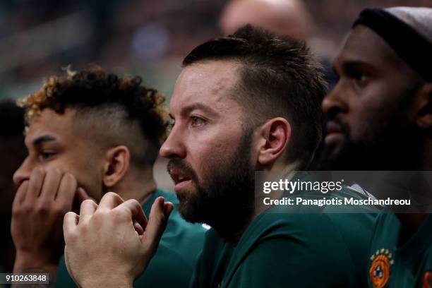 Ian Vougioukas, #15 of Panathinaikos Superfoods Athens react during the 2017/2018 Turkish Airlines EuroLeague Regular Season Round 20 game between...