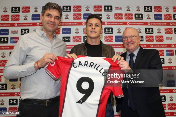 Southampton FC sign Guido Carrillo from AS Monaco on a contract until June 2021, pictured at the Staplewood Campus with Vice Chairman Les Reed and...