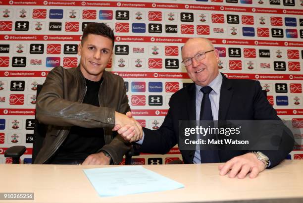 Southampton FC sign Guido Carrillo from AS Monaco on a contract until June 2021, pictured at the Staplewood Campus with Vice Chairman Les Reed on...