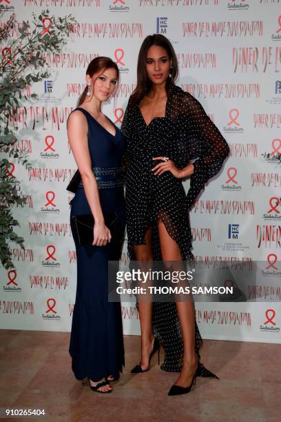 Miss Universe 2016 Iris Mitteraere and French model Cindy Bruna pose upon arriving to the Diner de la Mode fundraiser dinner, to benefit the French...