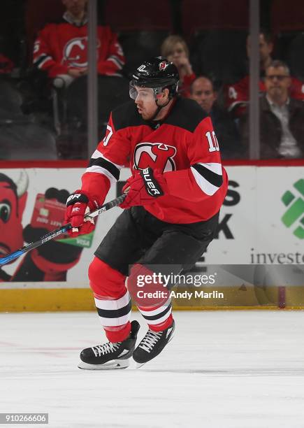 Jimmy Hayes of the New Jersey Devils skates during the game against the Detroit Red Wings at Prudential Center on January 22, 2018 in Newark, New...