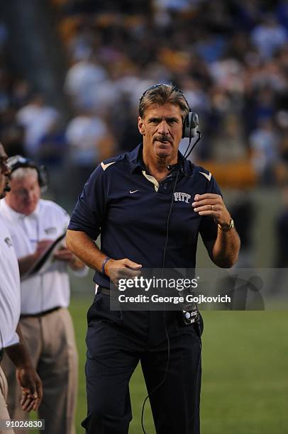 Head coach Dave Wannstedt of the University of Pittsburgh Panthers looks on from the sideline during a college football game against the Navy...