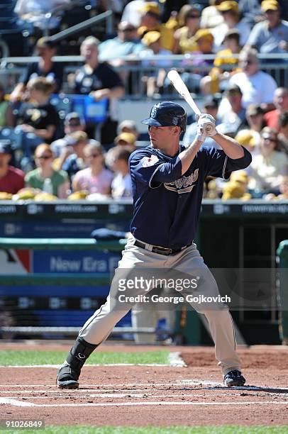 Third baseman Chase Headley of the San Diego Padres bats against the Pittsburgh Pirates at PNC Park on September 19, 2009 in Pittsburgh,...