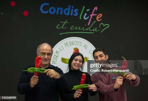 Francesc Orella, Candela Anton and Pau Poch attend the 'Posem-Li Pebrots al Cancer' project at the Condis Life Space on January 25, 2018 in...