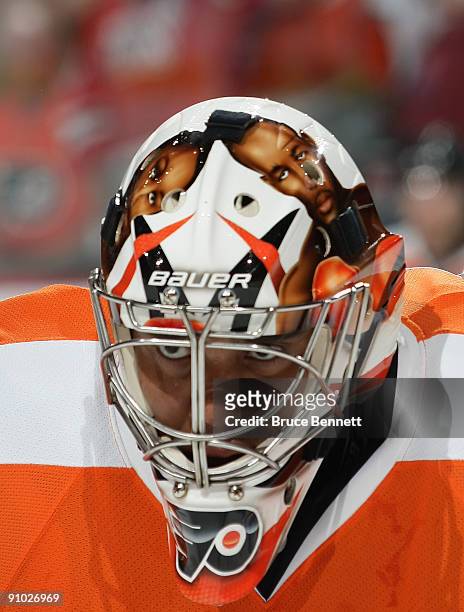 Ray Emery of the Philadelphia Flyers skates in warmups prior to a preseason game against the Detroit Red Wings at the Wachovia Center on September...