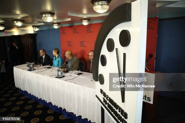 The Bulletin of the Atomic Scientists unveil the 2018 "Doomsday Clock" January 25, 2018 in Washington, DC. Citing growing nuclear risks and unchecked...
