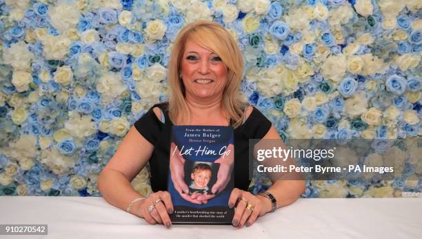 Denise Fergus, the mother of murdered toddler James Bulger, with her book 'I Let Him Go' during its launch in The Suites Hotel in Knowsley,...